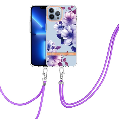 iPhone 15 Pro Max Flowers and Plants Series IMD TPU Phone Case with Lanyard - Purple Begonia
