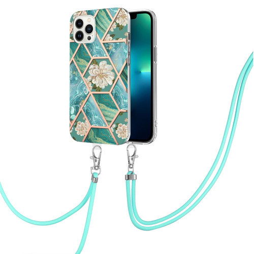 iPhone 15 Pro Max Electroplating Splicing Marble Flower Pattern TPU Shockproof Case with Lanyard - Blue Flower