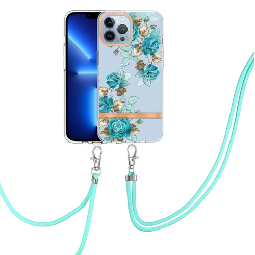 iPhone 15 Pro Max Flowers and Plants Series IMD TPU Phone Case with Lanyard - Blue Rose