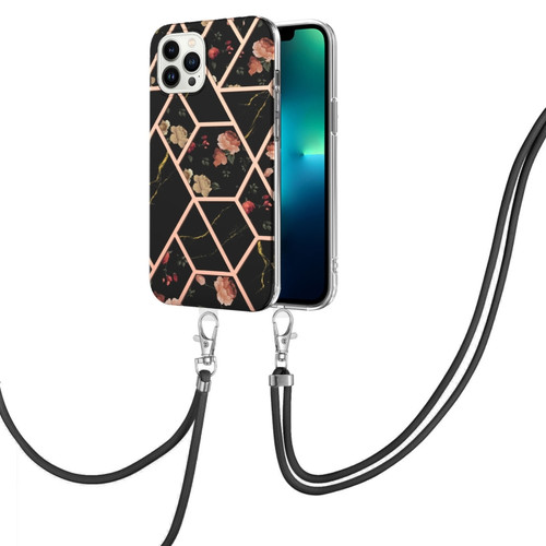 iPhone 15 Pro Max Electroplating Splicing Marble Flower Pattern TPU Shockproof Case with Lanyard - Black Flower