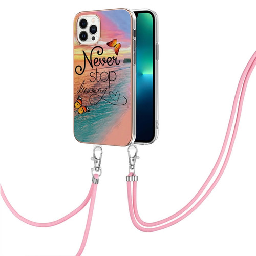 iPhone 15 Pro Max Electroplating Pattern IMD TPU Shockproof Case with Neck Lanyard - Dream Chasing Butterfly