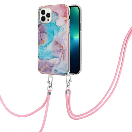 iPhone 15 Pro Max Electroplating Pattern IMD TPU Shockproof Case with Neck Lanyard - Milky Way Blue Marble