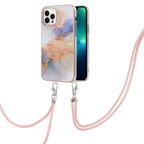 iPhone 15 Pro Max Electroplating Pattern IMD TPU Shockproof Case with Neck Lanyard - Milky Way White Marble