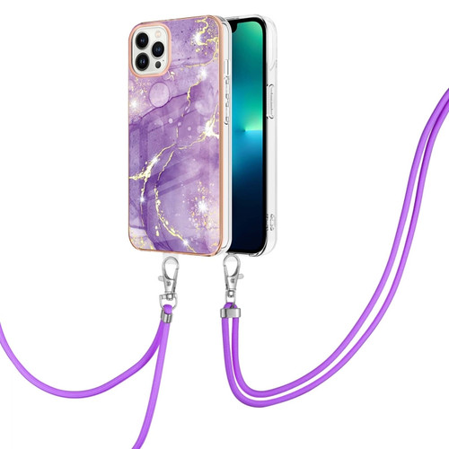 iPhone 15 Pro Max Electroplating Marble Pattern IMD TPU Shockproof Case with Neck Lanyard - Purple 002