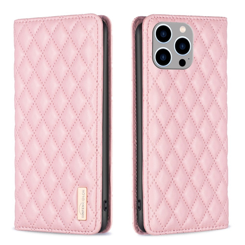 iPhone 15 Pro Max Diamond Lattice Magnetic Leather Flip Phone Case - Pink