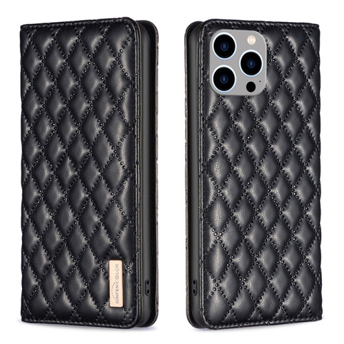 iPhone 15 Pro Max Diamond Lattice Magnetic Leather Flip Phone Case - Black