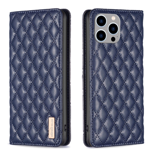 iPhone 15 Pro Max Diamond Lattice Magnetic Leather Flip Phone Case - Blue