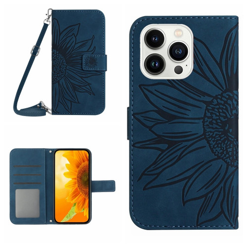 iPhone 15 Pro Max Skin Feel Sun Flower Embossed Flip Leather Phone Case with Lanyard - Inky Blue