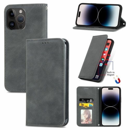 iPhone 15 Pro Max Retro Skin Feel Magnetic Flip Leather Phone Case - Gray