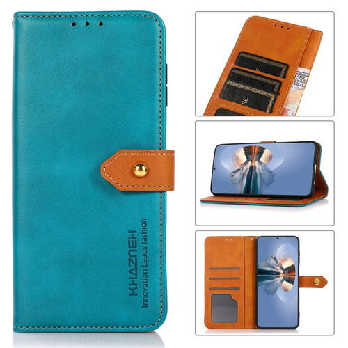 iPhone 15 Pro Max KHAZNEH Dual-color Cowhide Texture Flip Leather Phone Case  - Blue