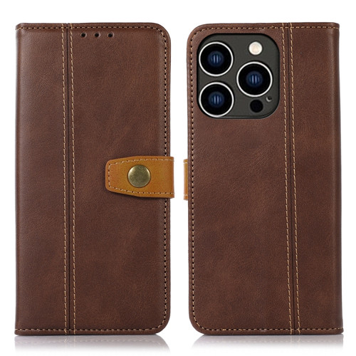 iPhone 15 Pro Max Stitching Thread Calf Texture Leather Phone Case - Coffee