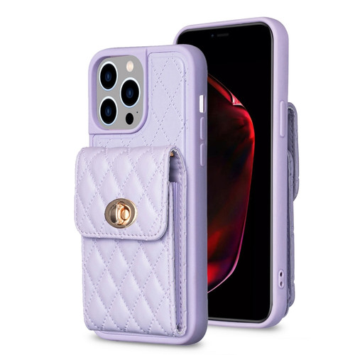iPhone 15 Pro Max Vertical Wallet Rhombic Leather Phone Case - Purple
