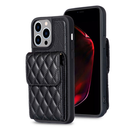 iPhone 15 Pro Max Vertical Wallet Rhombic Leather Phone Case - Black