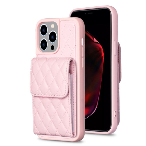 iPhone 15 Pro Max Vertical Wallet Rhombic Leather Phone Case - Pink