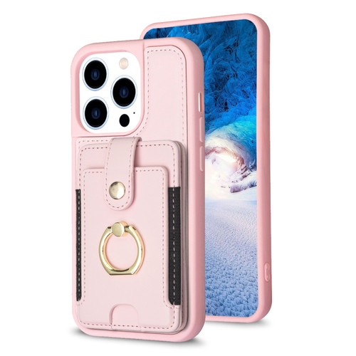 iPhone 15 Pro Max BF27 Metal Ring Card Bag Holder Phone Case - Pink