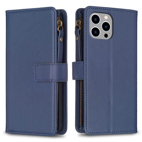 iPhone 15 Pro Max 9 Card Slots Zipper Wallet Leather Flip Phone Case - Blue