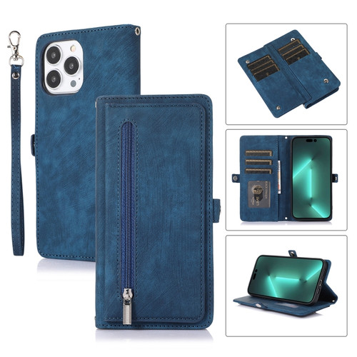 iPhone 15 Pro Max Zipper Card Slot Buckle Wallet Leather Phone Case - Blue