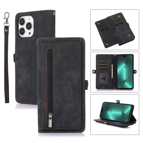 iPhone 15 Pro Max Zipper Card Slot Buckle Wallet Leather Phone Case - Black