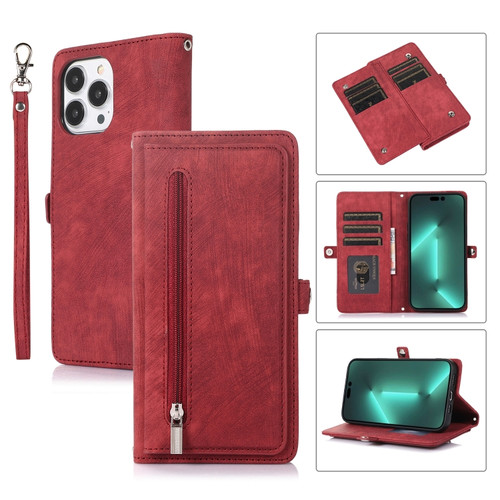 iPhone 15 Pro Max Zipper Card Slot Buckle Wallet Leather Phone Case - Red