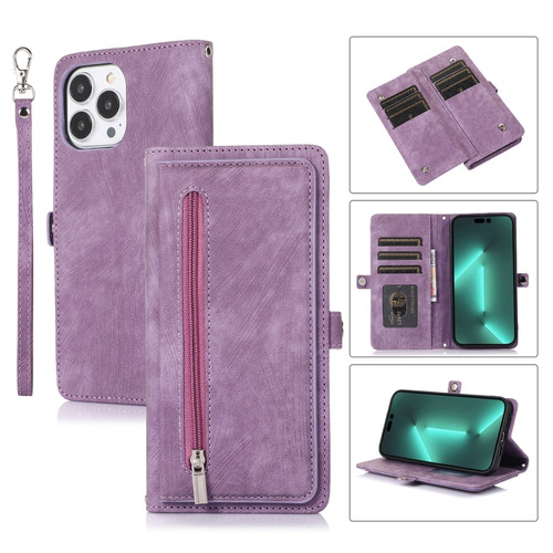iPhone 15 Pro Max Zipper Card Slot Buckle Wallet Leather Phone Case - Purple