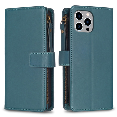 iPhone 15 Pro Max 9 Card Slots Zipper Wallet Leather Flip Phone Case - Green