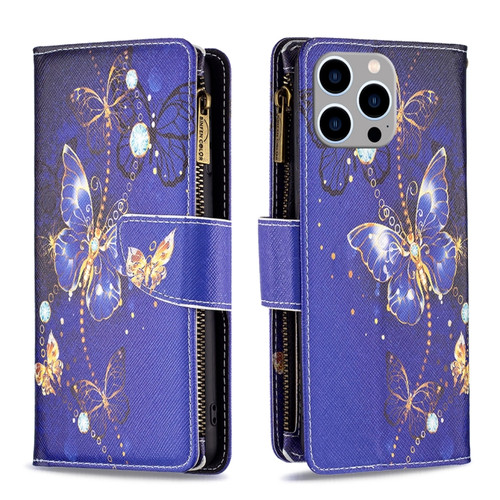 iPhone 15 Pro Max Colored Drawing Pattern Zipper Phone Leather Case - Purple Butterfly