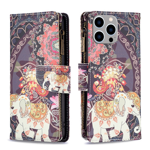 iPhone 15 Pro Max Colored Drawing Pattern Zipper Phone Leather Case - Flower Elephant