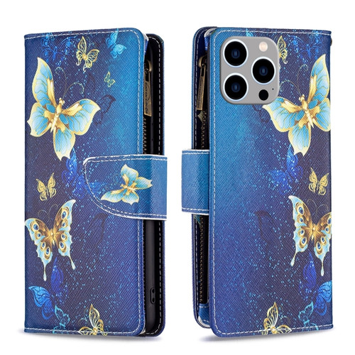 iPhone 15 Pro Max Colored Drawing Pattern Zipper Phone Leather Case - Gold Butterfly