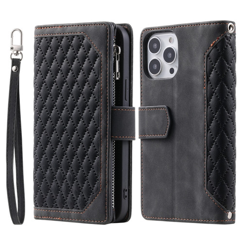 iPhone 15 Pro Max Grid Texture Zipper Leather Phone Case with Lanyard - Black