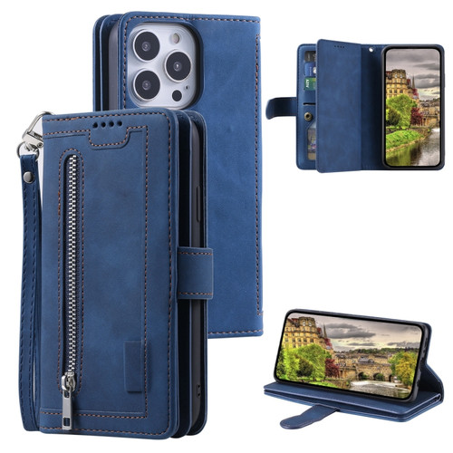 iPhone 15 Pro Max Nine Card Zipper Bag Leather Phone Case with Lanyard - Blue