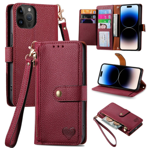 iPhone 15 Pro Max Love Zipper Lanyard Leather Phone Case - Red