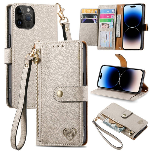 iPhone 15 Pro Max Love Zipper Lanyard Leather Phone Case - Gray