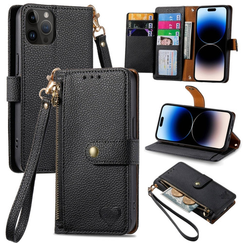 iPhone 15 Pro Max Love Zipper Lanyard Leather Phone Case - Black
