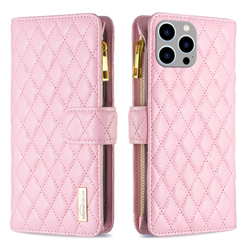 iPhone 15 Pro Max Diamond Lattice Zipper Wallet Leather Flip Phone Case - Pink