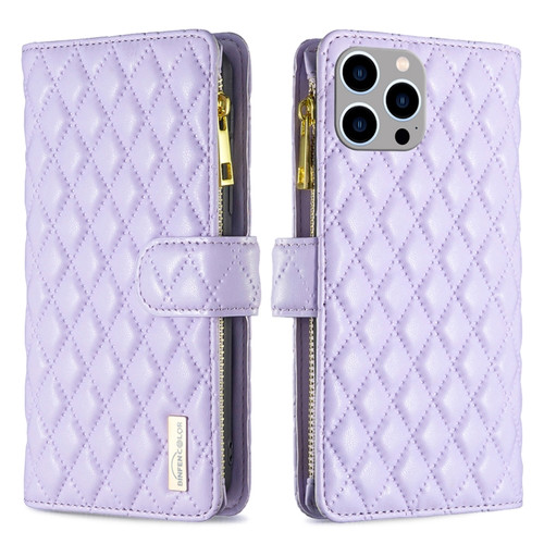 iPhone 15 Pro Max Diamond Lattice Zipper Wallet Leather Flip Phone Case - Purple