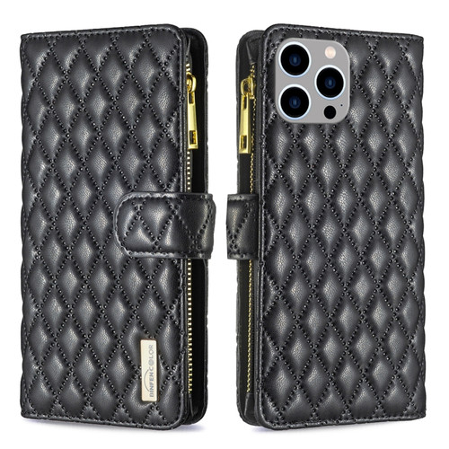 iPhone 15 Pro Max Diamond Lattice Zipper Wallet Leather Flip Phone Case - Black