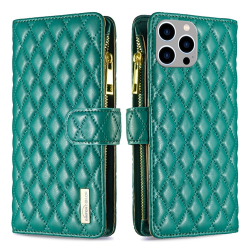 iPhone 15 Pro Max Diamond Lattice Zipper Wallet Leather Flip Phone Case - Green