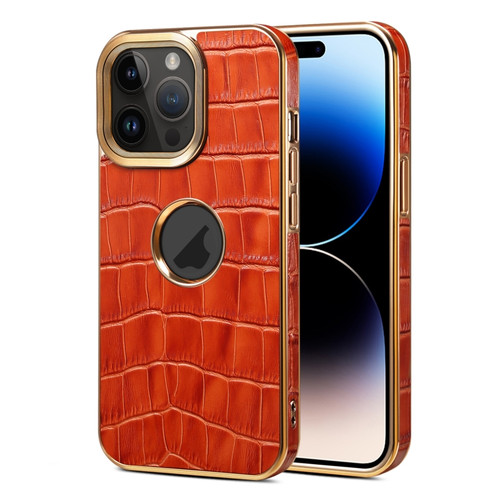 iPhone 15 Pro Max Denior Crocodile Texture Genuine Leather Electroplating Phone Case - Mocha Brown