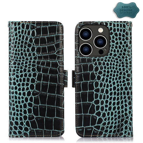 iPhone 15 Pro Max Crocodile Top Layer Cowhide Leather Phone Case - Green