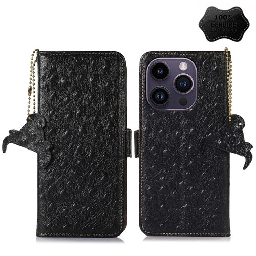 iPhone 15 Pro Max Ostrich Pattern Genuine Leather RFID Phone Case - Black