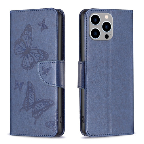 iPhone 15 Pro Max Embossing Two Butterflies Pattern Leather Phone Case - Blue