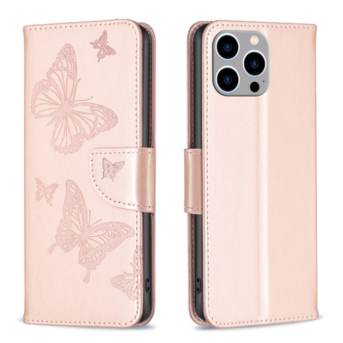 iPhone 15 Pro Max Embossing Two Butterflies Pattern Leather Phone Case - Rose Gold