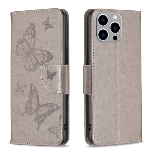 iPhone 15 Pro Max Embossing Two Butterflies Pattern Leather Phone Case - Grey