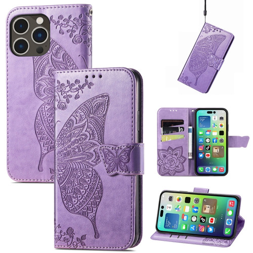 iPhone 15 Pro Butterfly Love Flower Embossed Leather Phone Case - Light Purple