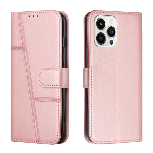 iPhone 15 Pro Stitching Calf Texture Buckle Leather Phone Case - Rose Gold