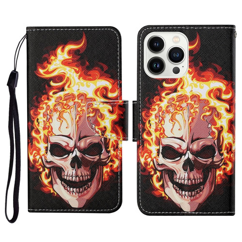 iPhone 15 Pro 3D Colored Drawing Flip Leather Phone Case - Flame Skull