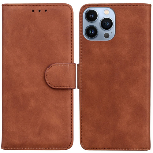 iPhone 15 Pro Skin Feel Pure Color Flip Leather Phone Case - Brown