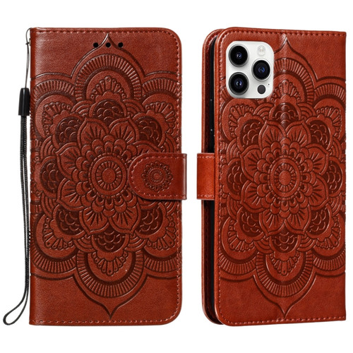 iPhone 15 Pro Mandala Embossing Pattern Horizontal Flip Leather Phone Case - Brown