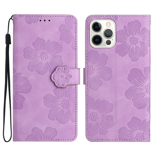 iPhone 15 Pro Flower Embossing Pattern Leather Phone Case - Purple