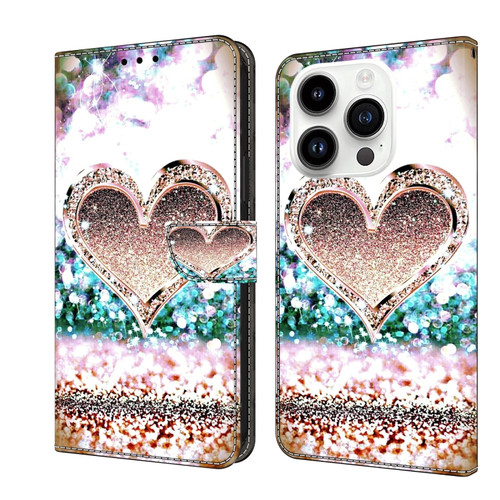 iPhone 15 Pro Crystal 3D Shockproof Protective Leather Phone Case - Pink Diamond Heart